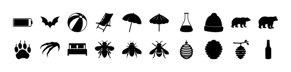 Silhouette Icons Set Featuring Animals, Insects, Objects, and Nature - A comprehensive black silhouette vector icon set featuring a variety of themed objects and animals.