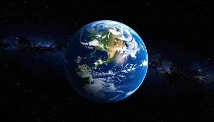 Fototapeta premium Small Earth floating in vast black space, full globe visible with clouds and ocean