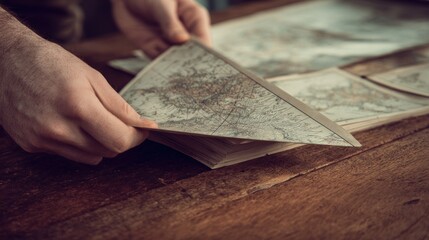 Hands unfolding vintage maps