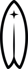 Minimalist surfboard illustration in black and white featuring a star detail perfect for surfing enthusiasts and summer themed designs ideal for logos and simple graphic