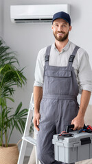 Vertical shot of air conditioner technician in uniform standing on ladder, repairing wall-mounted AC unit, holding tools and toolbox, clean modern room background