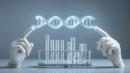 DNA Research, A minimalist, 3d graphic illustration of hands in white gloves pointing to a stylized, glowing DNA helix on a computer screen. A test tube rack is on the desk. on Light gray background.