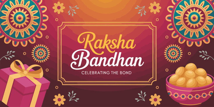 Raksha Bandhan celebration graphic with mandala background, sweets, gift box, and heartfelt message honoring sibling love and tradition