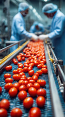 Vertical shot of factory workers in uniform sorting red tomatoes on moving conveyor belt, selective focus on shiny tomatoes, blurred hands and machinery in clean background