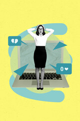Poster pop collage of person stand feel shock big netbook screen with dislike on yellow background