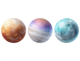 Three stylized planets, different colors,?horizontally aligned