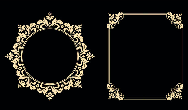 Set of decorative frames Elegant vector element for design in Eastern style, place for text. Floral black and golden borders. Lace illustration for invitations and greeting cards