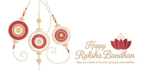  Raksha Bandhan greeting with red and gold hanging ornaments, lotus motif, and emotional message celebrating sibling love and unity