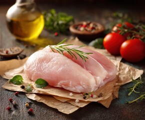 Raw Turkey Breast Fillet, on the table, with space for copying