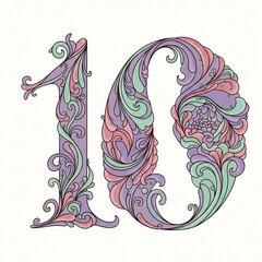 The number 10 features a curved floral ornament. Soft colors—light purple, pastel green, and pink. Art Nouveau style, feminine and romantic. Elegant and artistic, perfect for an art or celebration the