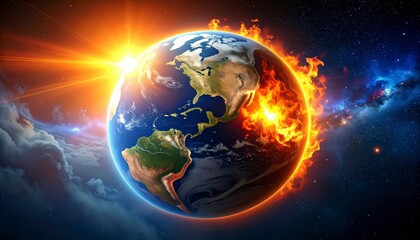 The Earth viewed from orbit, with part of the planet engulfed in solar flames
