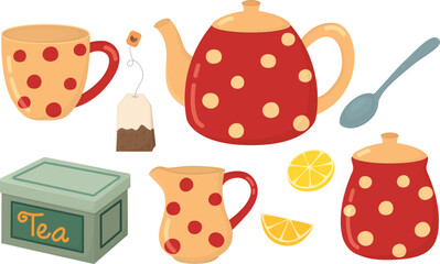 Tea time elements isolated on white background. Cute set with teapot, cup, tea bag, spoon, lemon, box, sugar bowl