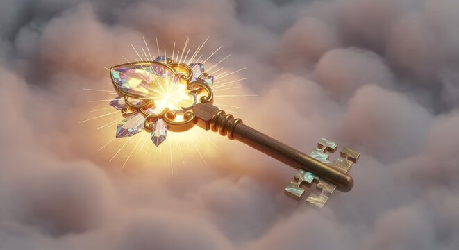 Magical golden key with a radiant jewel floating amidst ethereal clouds backdrop