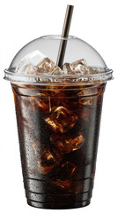 Vertical shot of iced black coffee in clear plastic cup with dome lid and straw, ice cubes floating visibly, isolated on transparent background, condensation on cup surface