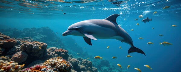 Obraz premium a dolphin swimming freely in clean water surrounded by healthy coral and fish with no plastic waste nearby showing how oceans thrive without plastic bags harming nature