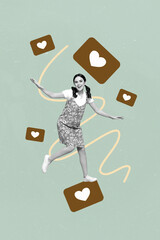 Abstract template collage of person jump run with many like reaction on red background