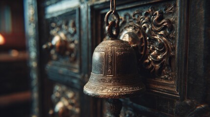 Ornate antique bell on a dark wooden cabinet