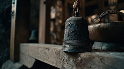 Aged temple bell on wooden beams