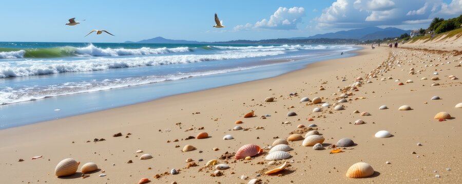 a peaceful beach with no trash or plastic bags on the sand just seashells and birds flying clean air showing how cutting plastic helps protect coastlines and marine wildlife