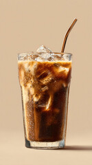 Vertical shot of iced coffee in tall clear cup with ice cubes floating, visible condensation on surface, straw inserted, soft lighting on minimal beige background