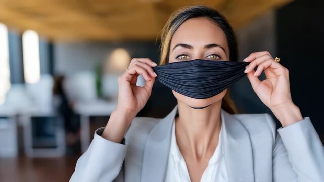 Woman adjusts her mask in modern office setting with colleagues in background during work hours