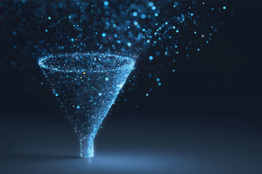 The shape of the funnel is made up of blue dots and light particles, on a dark background