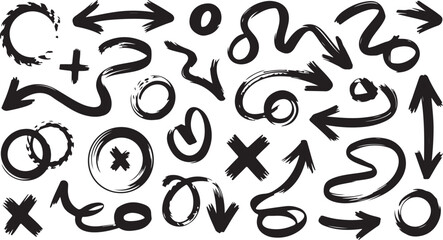 Hand Drawn Arrow Vector Set with Swirls and Brush Stroke Style Elements