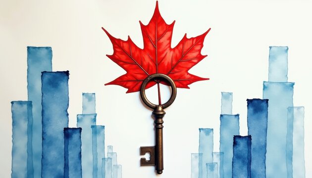Key surrounded by blue skyscrapers and red maple leaf for Canada Day  