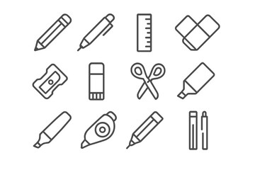 Obraz premium Monochrome stationery icons set featuring pencils pens ruler eraser and scissors