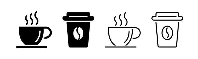 Coffee cup icon set. Cups of coffee and tea in Flat and Outline Style collection. Hot drink icon. Take Away Disposable cup. Cup coffe with steam effect. Full vector graphics