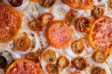 Delicious homemade pizza with sliced tomatoes, onions, and herbs baking in oven