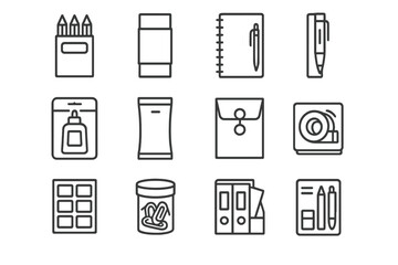 Stationery icons pack: pencil, notebook, eraser, pen, glue, folder, tape