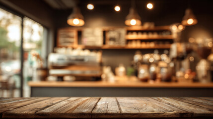 Warm-toned cafe background with soft blur effect, barista station and espresso machine faintly visible, classic coffeehouse vibe for elegant overlays