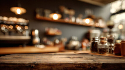 Warm-toned cafe background with soft blur effect, barista station and espresso machine faintly visible, classic coffeehouse vibe for elegant overlays