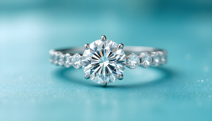 Fototapeta premium Solitaire round cut diamond engagement ring, eternity ring on turquoise background