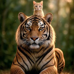 Fototapeta premium Gentle giant tiger with curious kitten atop head in soft forest light