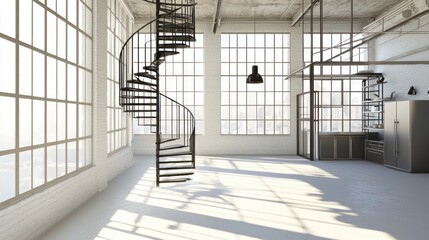 Spacious loft interior with spiral staircase and industrial kitchen.