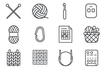 Knitting tools and patterns icons on dark background