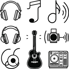 Obraz premium Black and white music icon set in line art style. Include headphones, microphone, musical note, speaker, sound wave, guitar, and DJ mixer 2