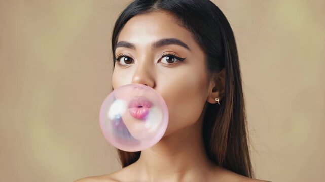 Young woman inflating a chewing gum bubble montage