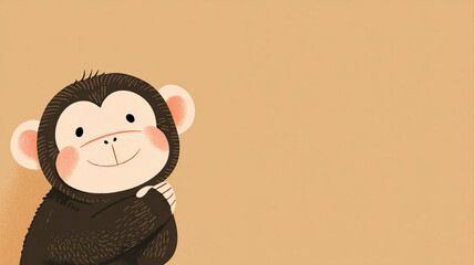 Cute, simple, happy cartoon Monkey portait on a warm light brown background. 