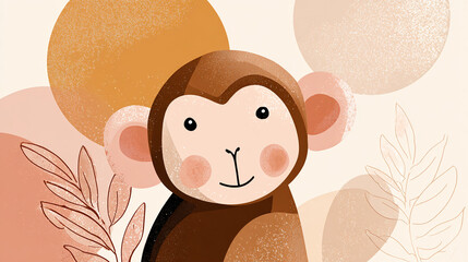 Cute, simple, happy cartoon Monkey portait on a warm light brown background. 