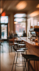 Warm-toned vertical blur of cafe scene, faint outlines of bar stools and espresso machine, relaxed vintage ambiance perfect for branding design
