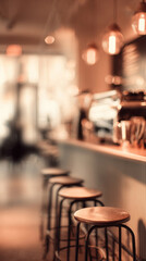 Warm-toned vertical blur of cafe scene, faint outlines of bar stools and espresso machine, relaxed vintage ambiance perfect for branding design