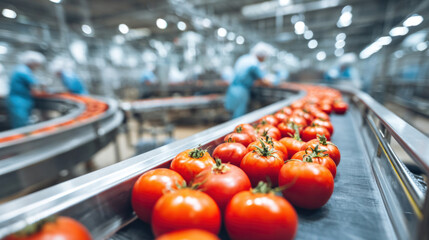Wide-angle shot inside tomato processing plant, team working efficiently along conveyor, vibrant tomatoes in crisp focus, modern machinery and cleanliness emphasized