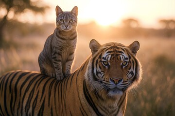 Obraz premium Curious cat sits atop majestic tiger during golden hour safari sunset