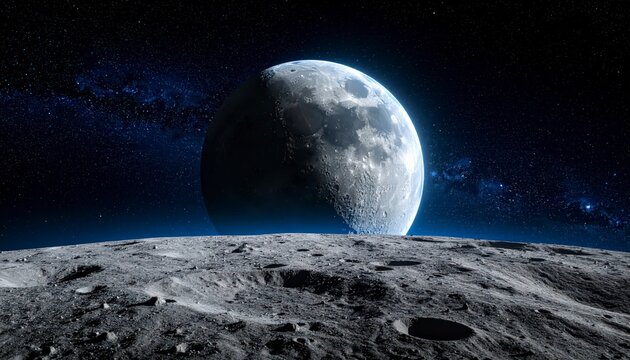 Wide view of Moon floating alone in space, with faraway Earth as a tiny glowing spher