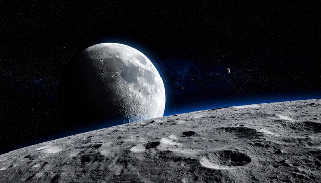 Wide view of Moon floating alone in space, with faraway Earth as a tiny glowing spher