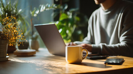 Wide-angle shot of young freelancer man working remotely in cozy cafe, clean laptop screen glow, coffee mug and minimalist gadgets in scene, calm natural lighting