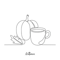 One continuous line drawing of pumpkin related with autumn symbol condition vector illustration. Autumn themes design concept in simple linear continuous line. Vector design for social campaign.